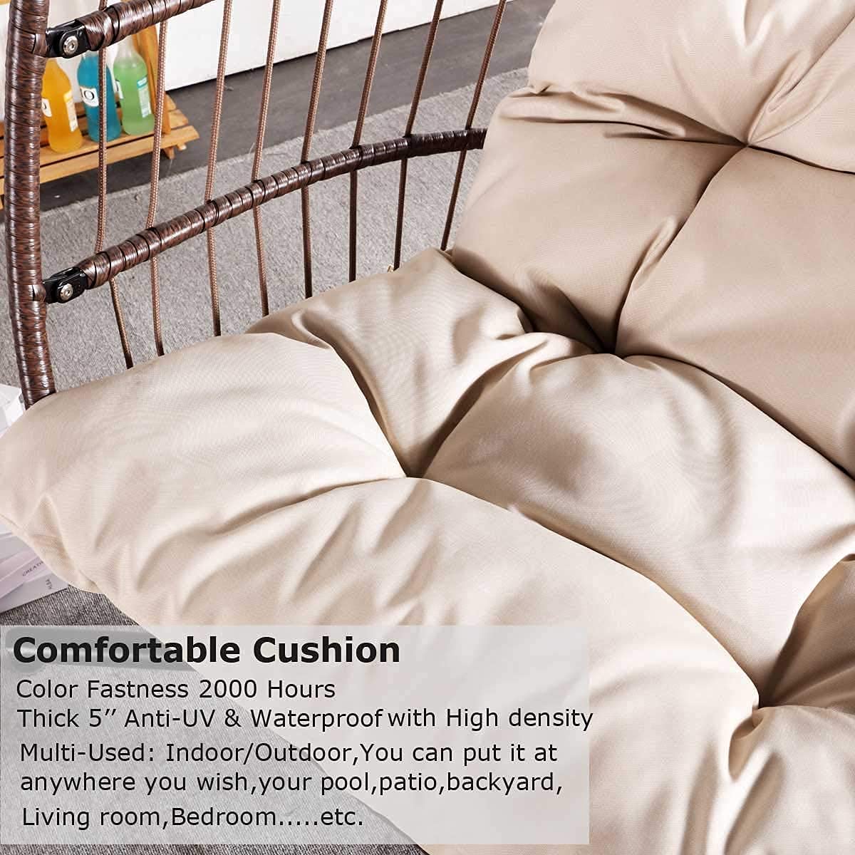 Swing Egg Chair Without Stand Indoor Outdoor Wicker Rattan Patio Basket Hanging Chair with UV Resistant Cushions 265lbs Capaticy for Bedroom Balcony Patio (Without Stand)