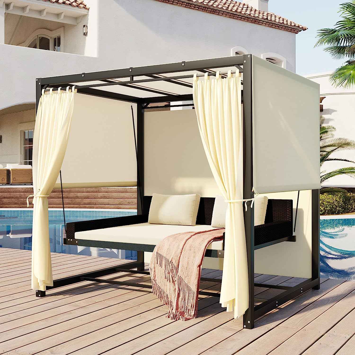 Merax 3-Seat Patio Swing Bed,Outdoor Porch Chair with Adjustable Canopy and Durable Steel Frame for Patio, Garden, Poolside Dark Grey