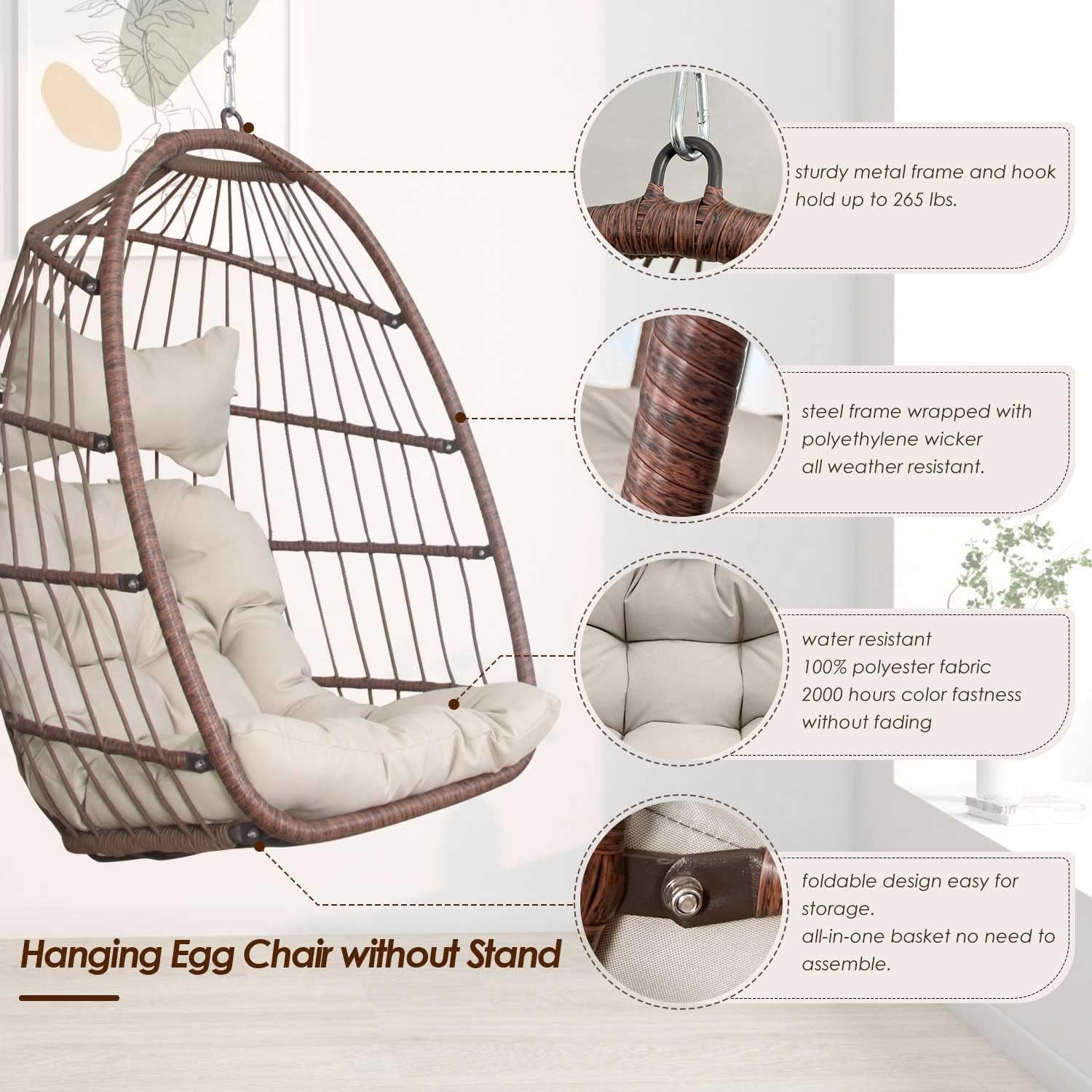 NICESOUL Hanging Egg Chair Without Stand PE Wicker Swing Hammock Egg Basket Ceiling Chairs with Cushions 265lbs Capaticy for Bedroom Living Room Patio Backyard Balcony (Brown)