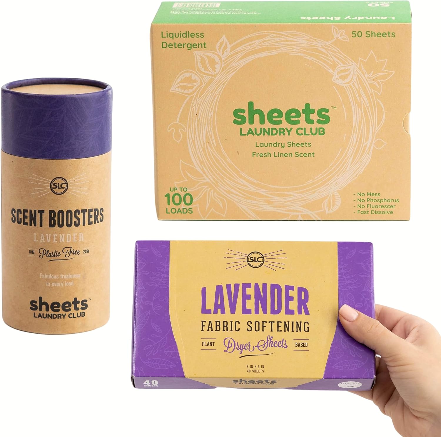 Sheets Laundry Club - 50 Fresh Linen(up to 100 loads) Laundry Detergent Sheets - 40 Lavender Dryer Sheets, 8oz Lavender Scent Booster Tube. Good for the earth and a breeze to use. Hypoallergenic