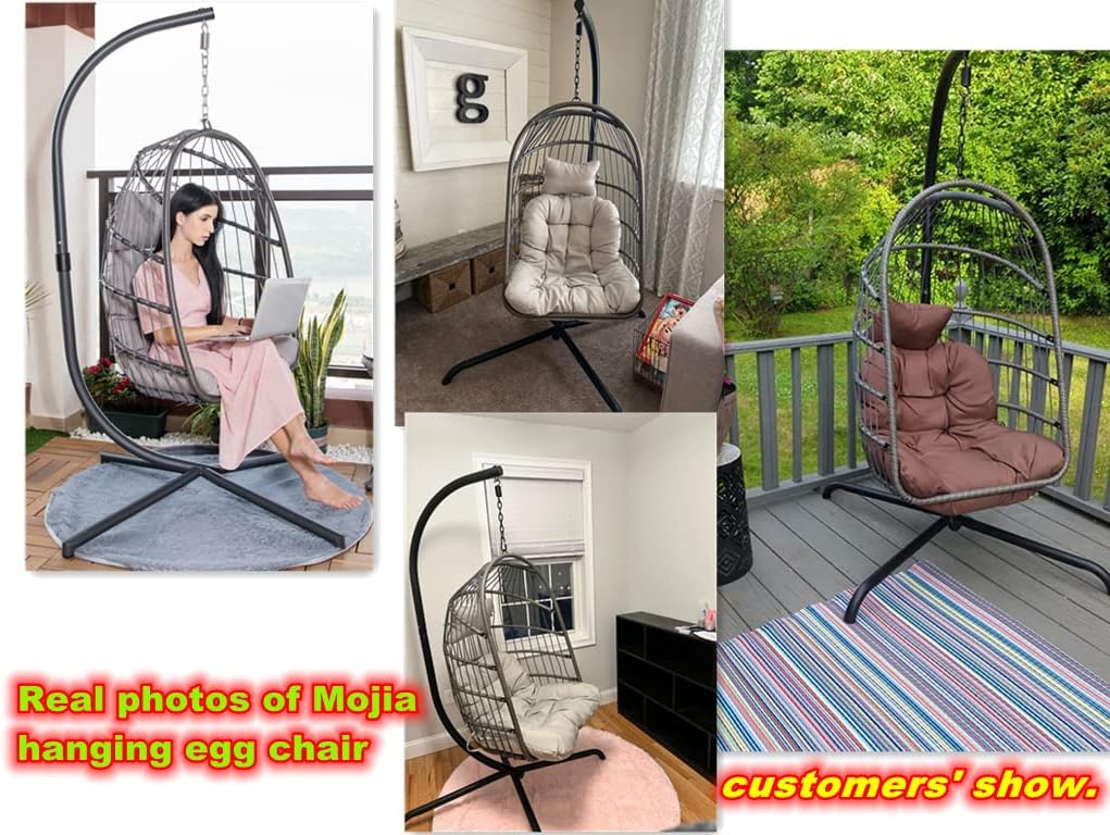 MOJIA Egg Chair with Stand and Oxford Cover, Patio Wicker Hanging Swing Chair with UV Resistant Cushion and Foldable Seat Basket