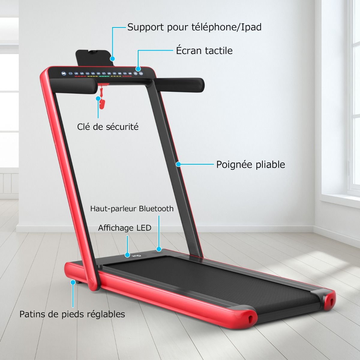 Tapis de Course Pliable 0,75HP Double Affichage LED APP et Télécommande Vitesse Motorisé 12 km/h Surface 40x100cm Rouge