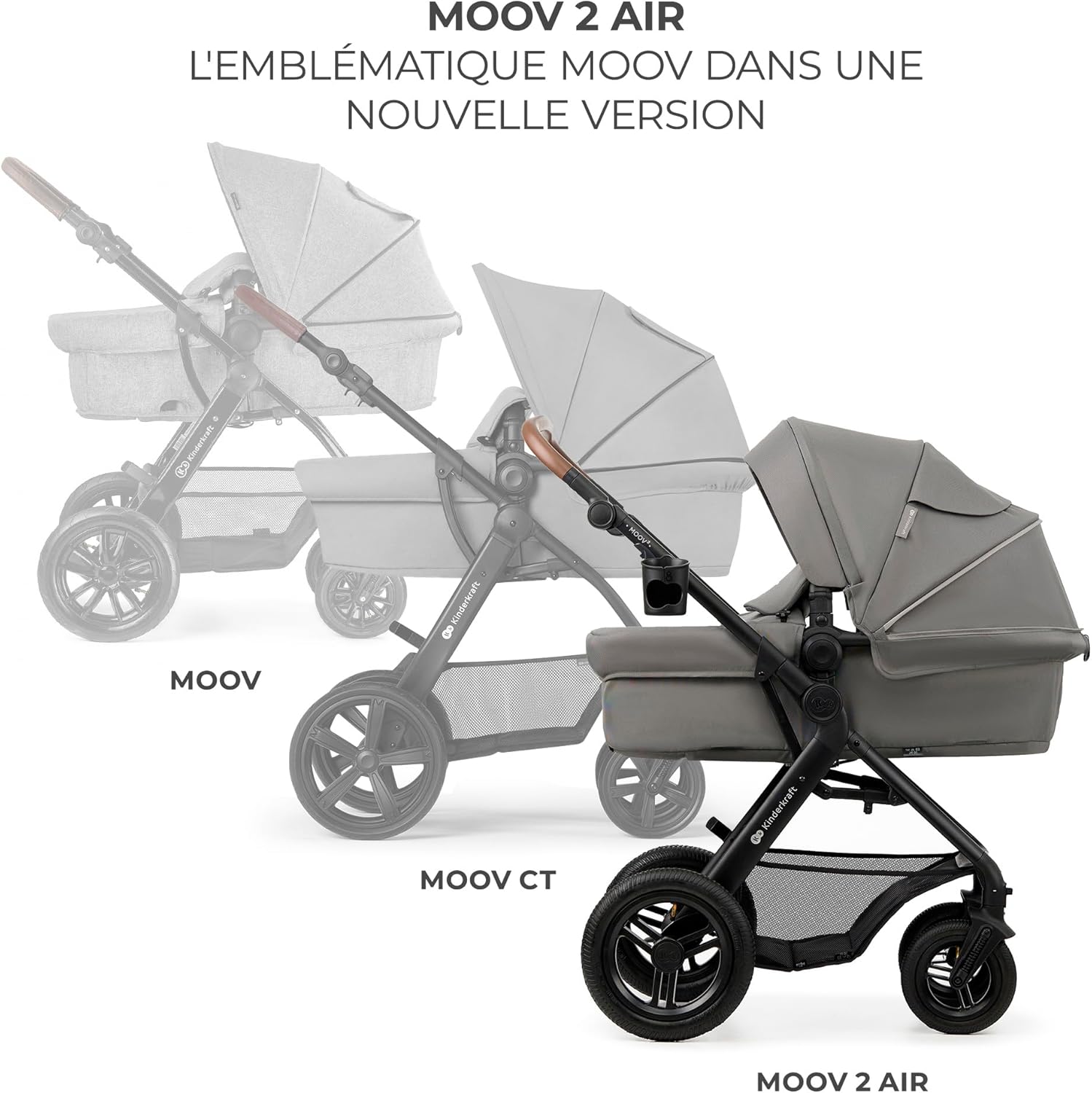 Kinderkraft MOOV2 Poussette 3 en 1, Système de voyage de la naissance à 27 kg, Siège auto Mink PRO I-Size inclus, Capote extensible avec filtre UPF50+, Accessoires pratiques, Gris