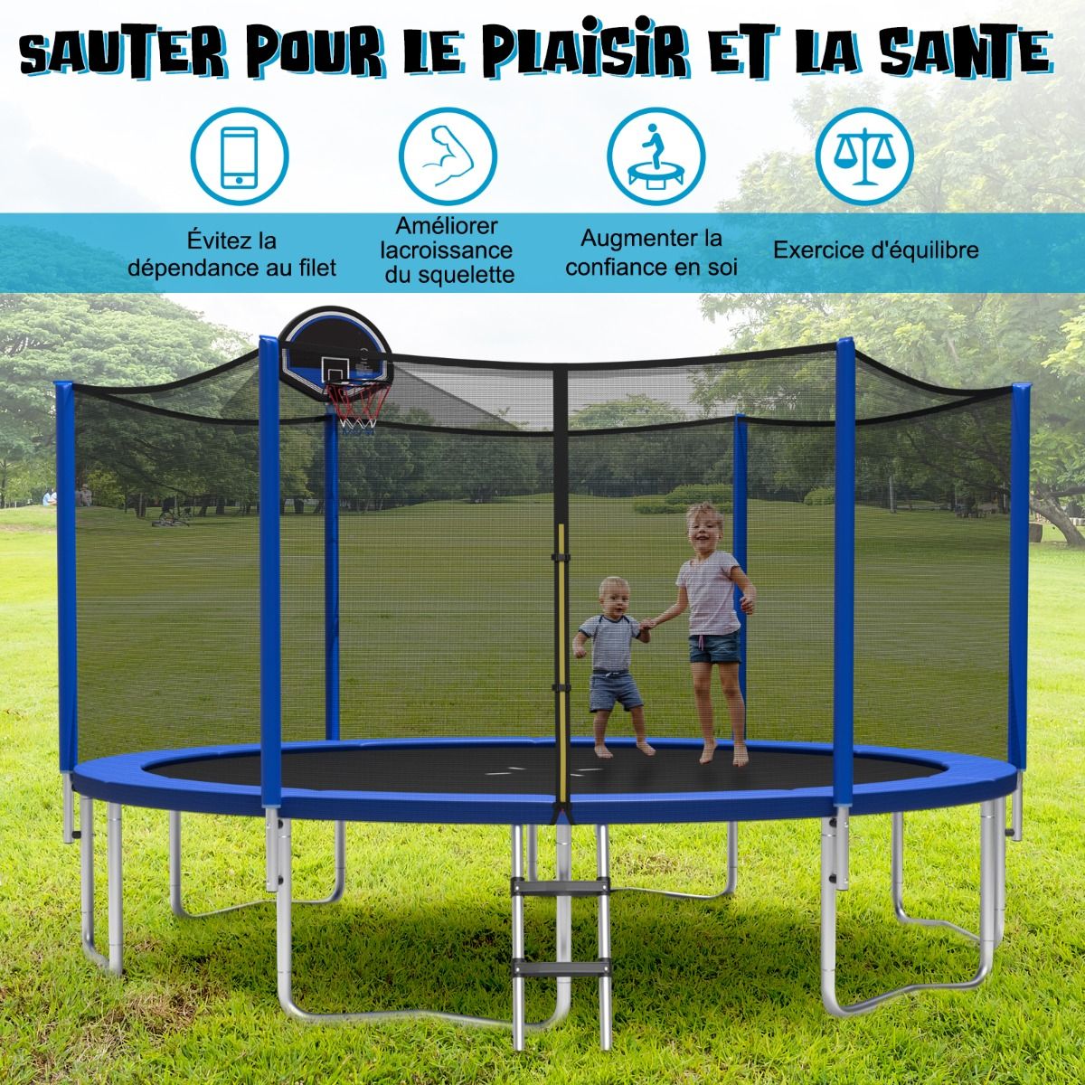 Trampoline d'Extérieur Ø366 cm Trampoline avec Panier de Basket Filet de Protection Trampoline pour Enfants et Adultes