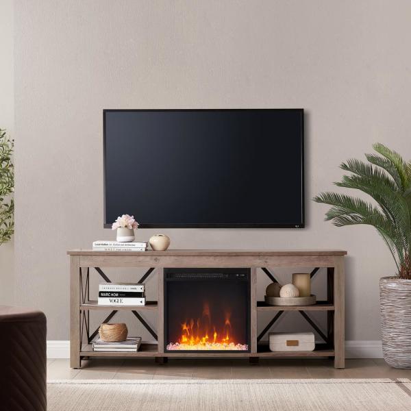 Sawyer 58 in. Gray Oak TV Stand Fits TV's up to 65 in. with Crystal Fireplace Insert