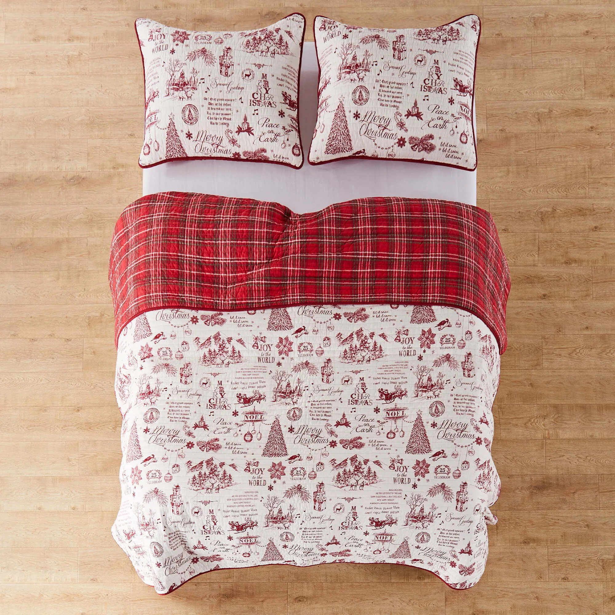 Yuletide Quilt Set - King Quilt (106x92in.) + Two King Pillow Shams (36x20in.) - Christmas Holiday Script - Red and Cream - Reversible - Cotton