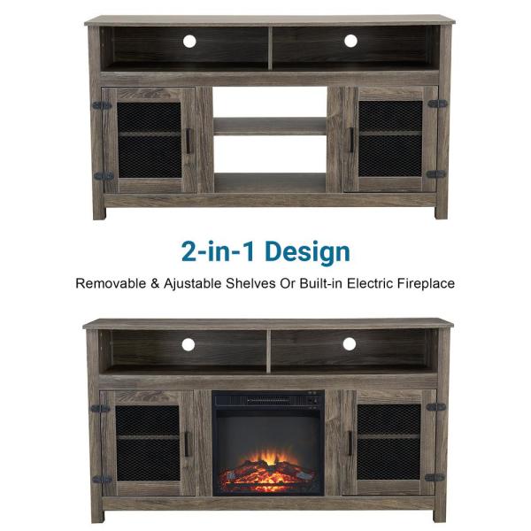 58.25 in. TV Stand Cabinet Sideboard with Electric Fireplace Grey Fits TV's Up to 65 in. with Ajustable Shelves