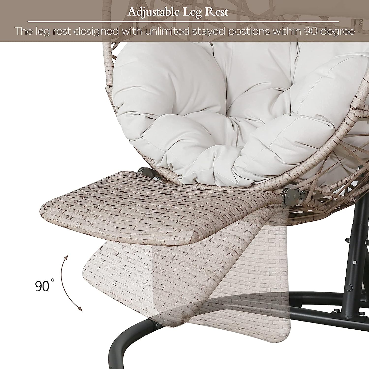 Ulax Furniture Egg Chair, Outdoor Indoor Patio Wicker Hanging Basket Swing Chair, Tear Drop Egg Chair with Cushion, Stand and Adjustable Footrest (Beige)