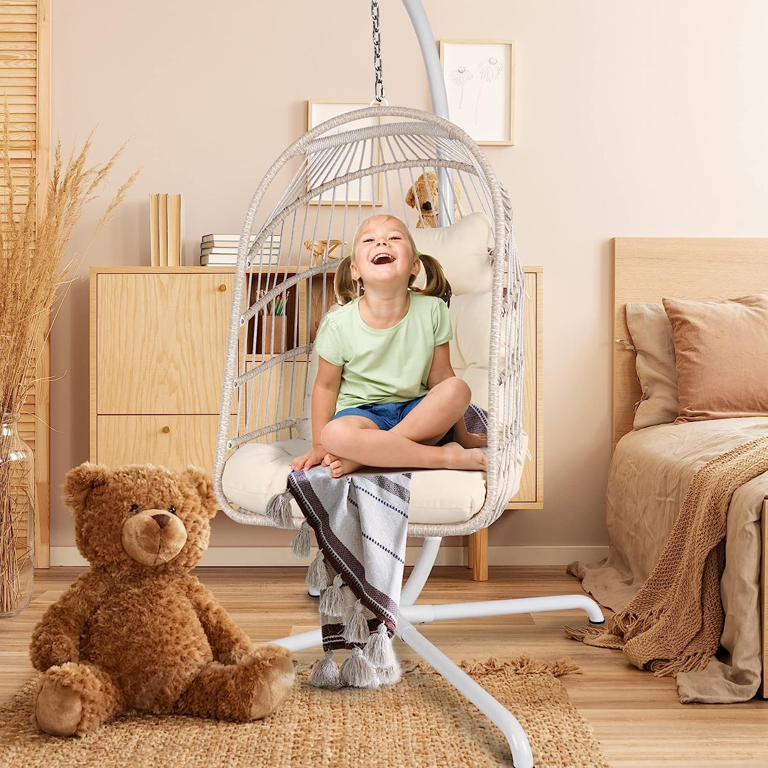 Chihee Egg Chair Foldable Wicker Rattan Hanging Chair Swing Chair Indoor Outdoor Patio Wicker Chair Hammock Chair with Stainless Steel Hanging Kit Chain Link UV Resistant Cushion Bedroom Balcony