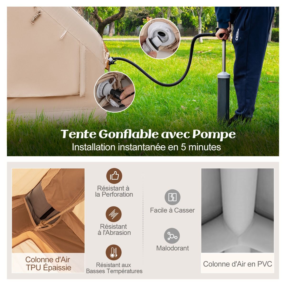 Tente de Camping Gonflable 6 m² pour 4-6 Personnes Tente en Coton Coupe-vent et Imperméable avec Pompe 7 Fenêtres à Moustiquaire Beige