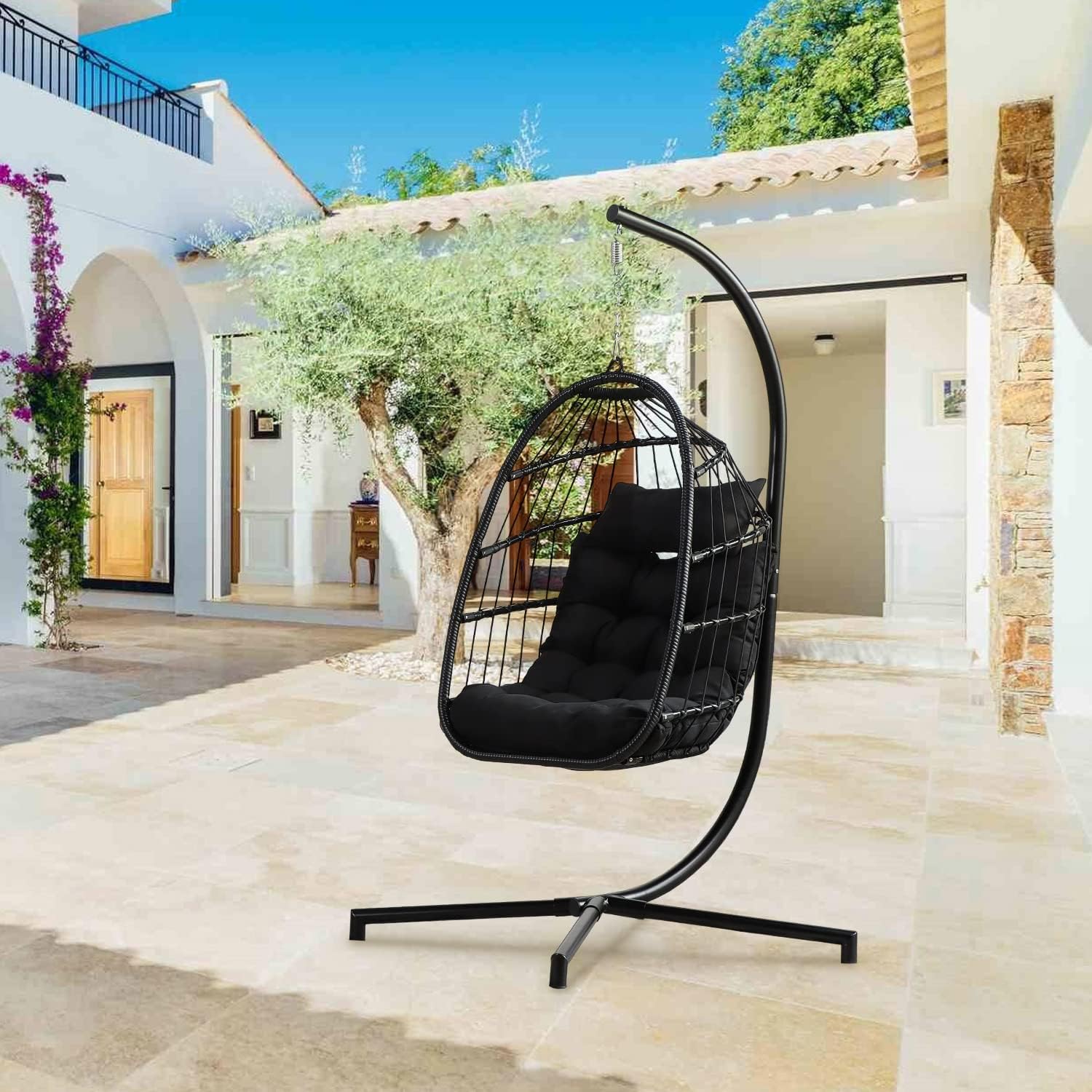 KAIDYSENY Swing Egg Chair, Hammock Chair with Stand, Patio Black Rattan Wicker Patio Basket Hanging Chair with Rope Back, Cushion, All Weather Foldable Hammock Chair for Indoor/Outdoor, Black