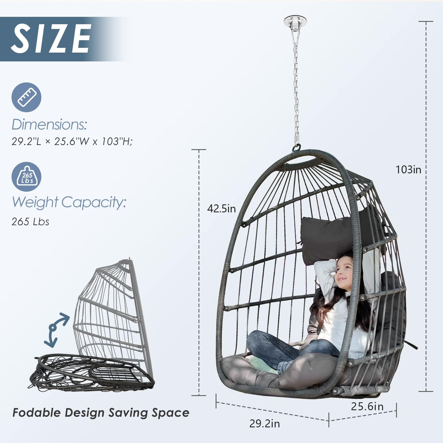 NICESOUL Hanging Egg Chair Without Stand PE Wicker Swing Hammock Egg Basket Ceiling Chairs with Cushions 265lbs Capaticy for Bedroom Living Room Patio Backyard Balcony (Brown)