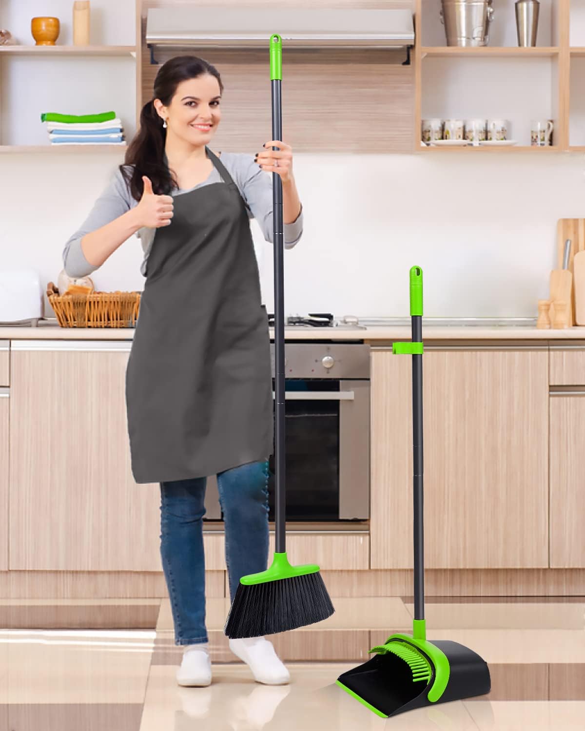 Broom with Dustpan Combo Set, Upgrade Broom and Dustpan Set for Home, 52'' Long Handle Broom and Dustpan Set, Standing Dustpan and Broom for Kitchen Office Lobby Floor