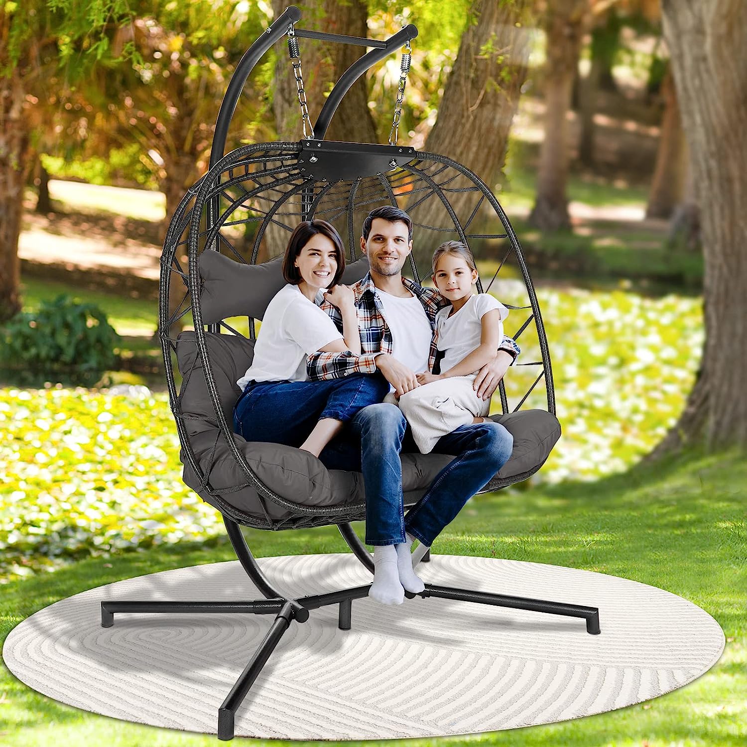 RADIATA Double Egg Chair with Stand Luxury Outdoor Patio Wicker Loveseat Hanging Swing Egg Chairs with Resistant Cushions Metal Frame 500 lbs Capaticy for 2 Persons Patio Backyard Balcony