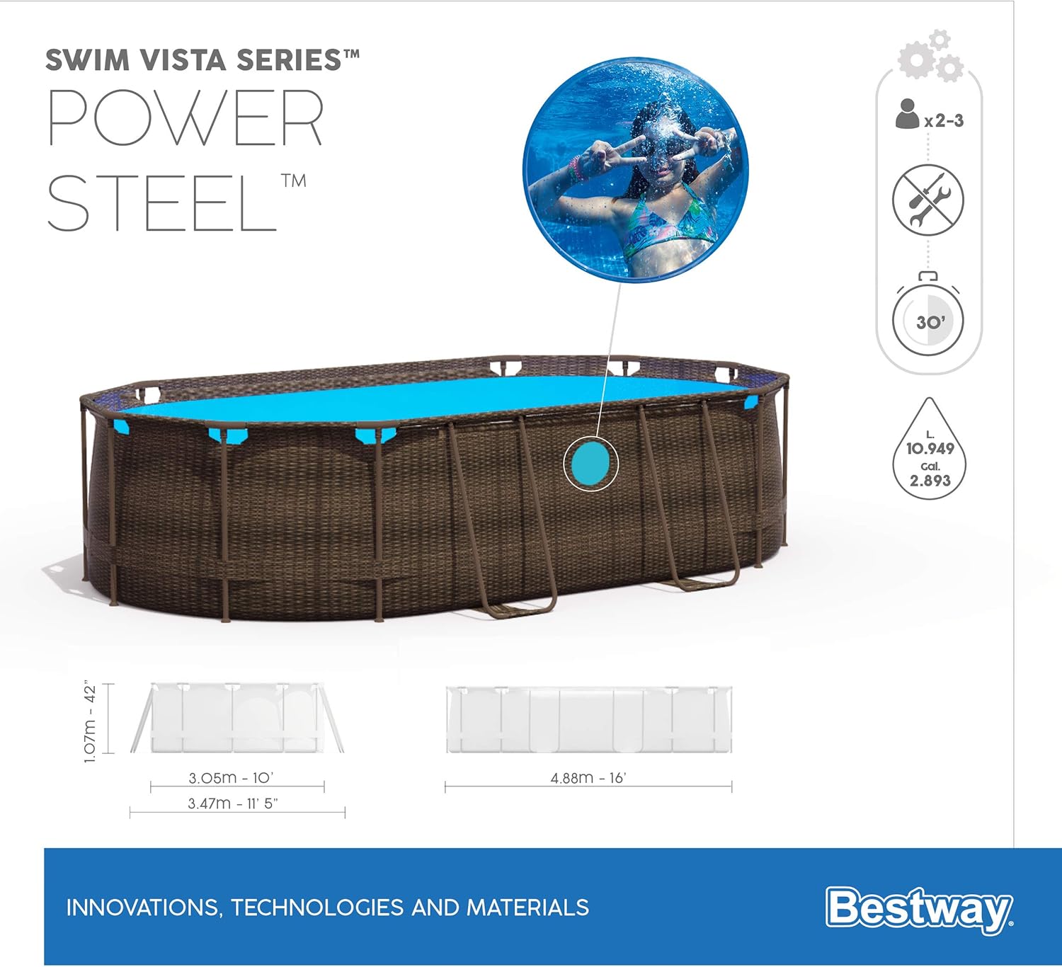 Bestway 56946 Piscine Power Steel™ Swim Vista ovale 488 x 305 x 107 cm motif rotin avec hublots, filtration à sable, échelle, bâche et diffuseur Chemconnect™