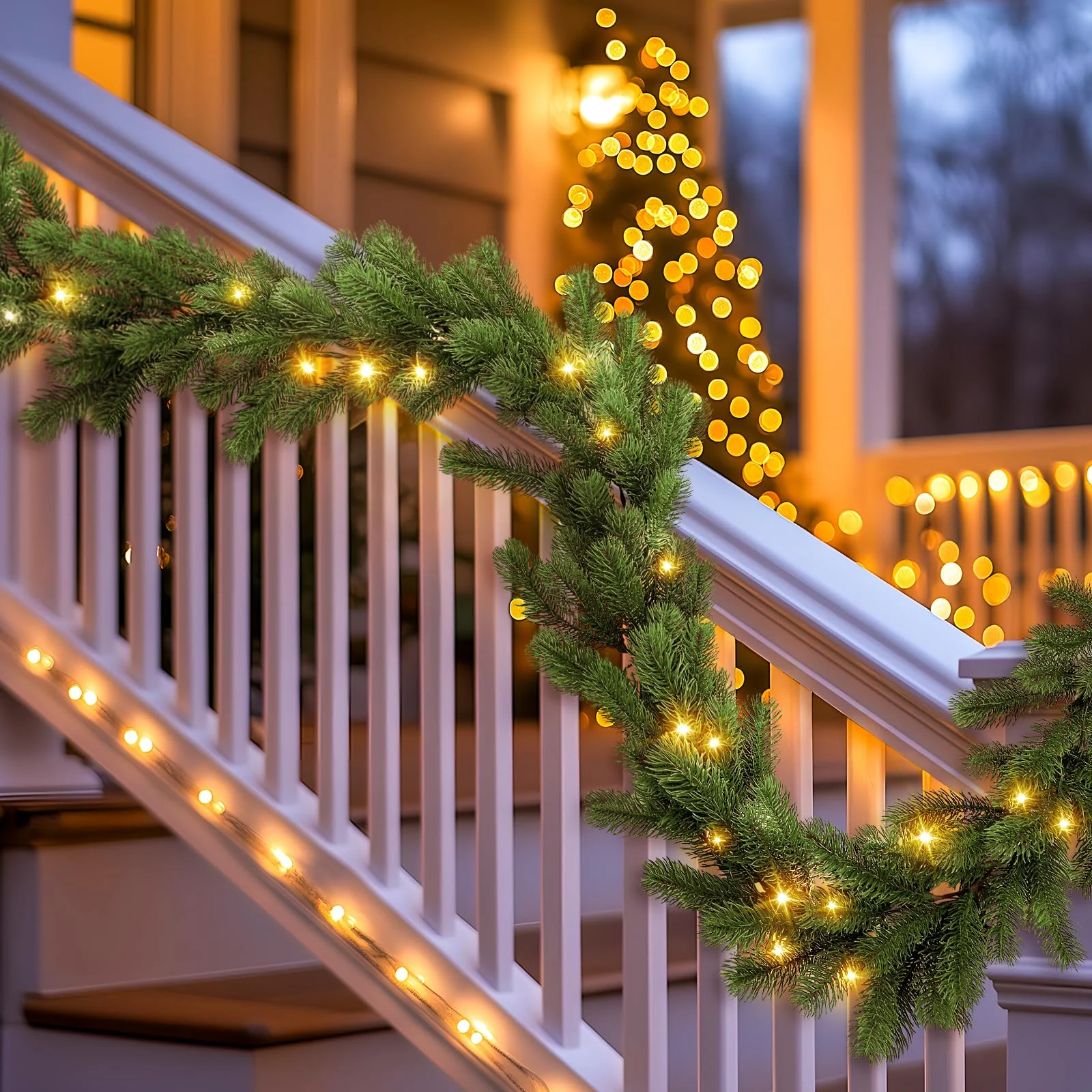 9ft Pre-Lit Artificial Multi-Color Lights Green Norfolk Pine Christmas Garlands with Battery