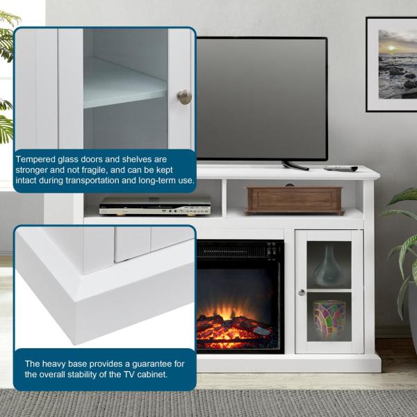 47.5 in. TV Stand Cabinet Sideboard with Electric Fireplace White Fits TV's Up to 55 in. with Ajustable Shelves