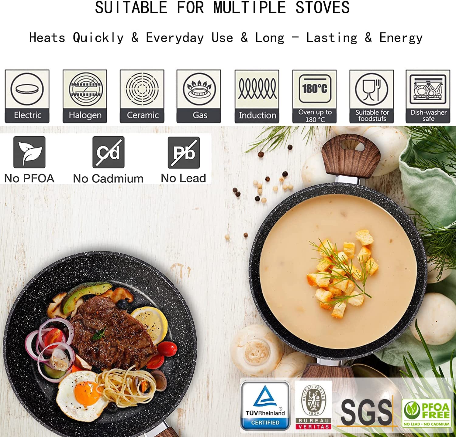 Nonstick Kitchen Cookware Set, 6 Pcs Pots Pans Set with Frying Pans, Dishwasher Safe, Black