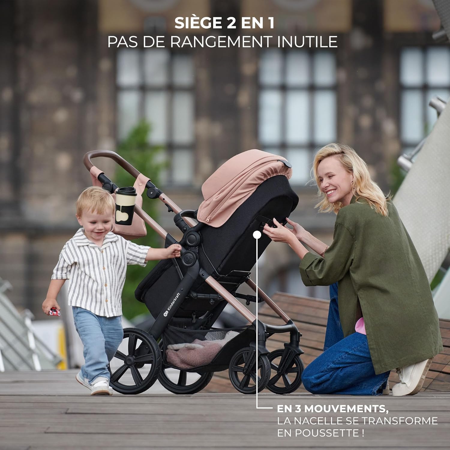 Kinderkraft MOOV2 Poussette 3 en 1, Système de voyage de la naissance à 27 kg, Siège auto Mink PRO I-Size inclus, Capote extensible avec filtre UPF50+, Accessoires pratiques, Gris