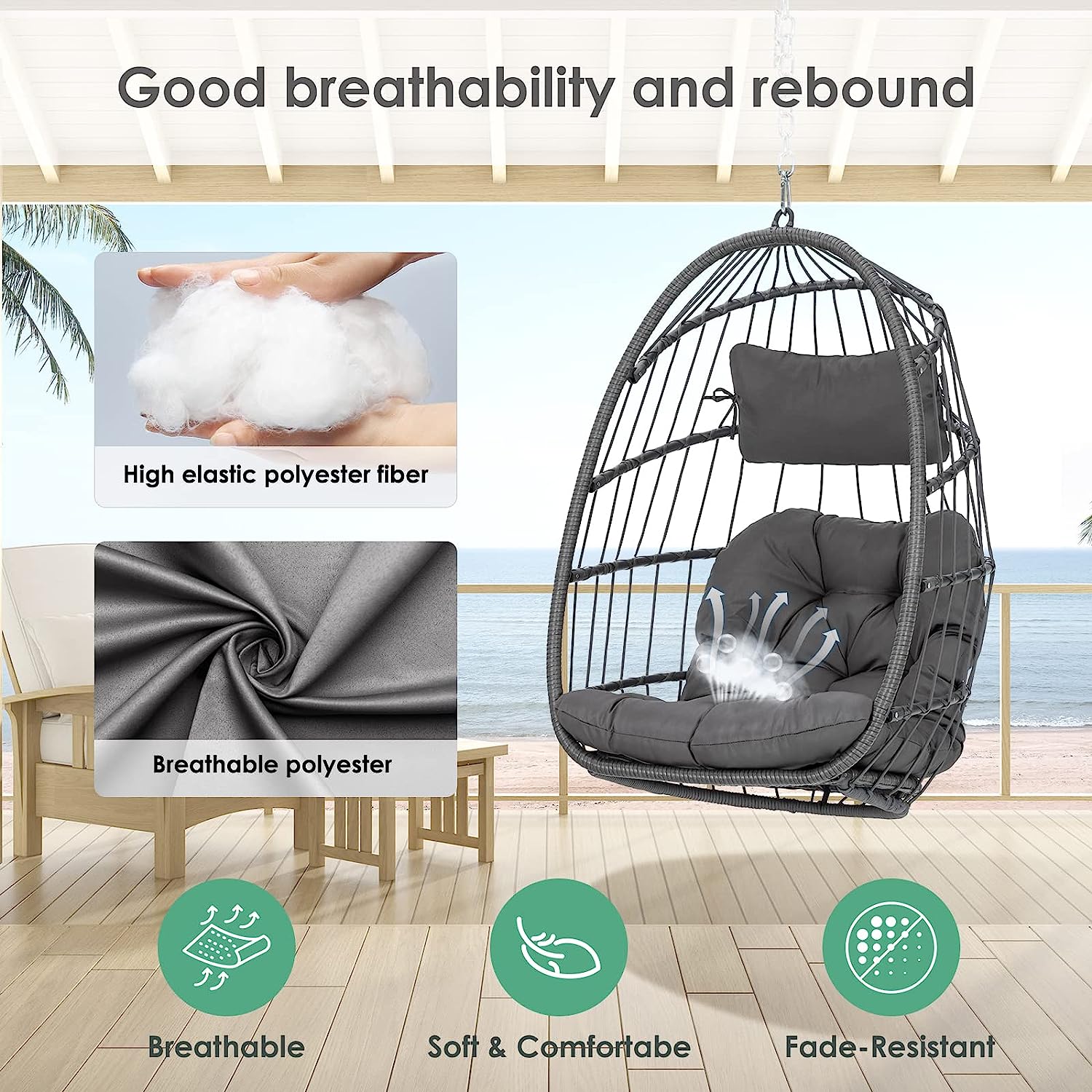 Hanging Egg Chair Without Stand - Foldable Indoor Outdoor Wicker Rattan Swing Egg Chair with Hanging Chain Hammock Chair - UV Resistant Cushions & Aluminum Frame for Bedroom Patio Camping (Grey)