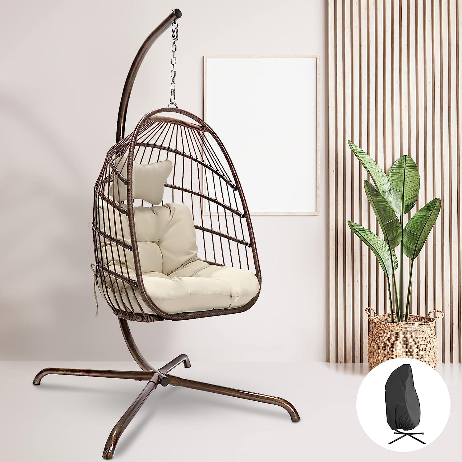 RADIATA Foldable Wicker Rattan Hanging Egg Chair with Stand, Swing Chair with Cushion and Pillow, Lounging Chair for Indoor Outdoor Bedroom Patio Garden (Beige with Stand)