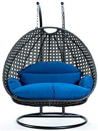 LeisureMod 2 Person Hanging Double Swing Chair, X-Large Wicker Rattan Egg Chair with Stand and Cushion for Indoor Outdoor Patio Garden (Light Green)