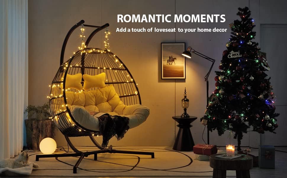 Hanging Egg Chair with Stand, 2 Person Heavy Duty Hanging Wicker Rattan Swing Chair Basket Hammock Nest Chair Seat for Indoor Outdoor Patio Lounger Swinging Loveseat (Beige)