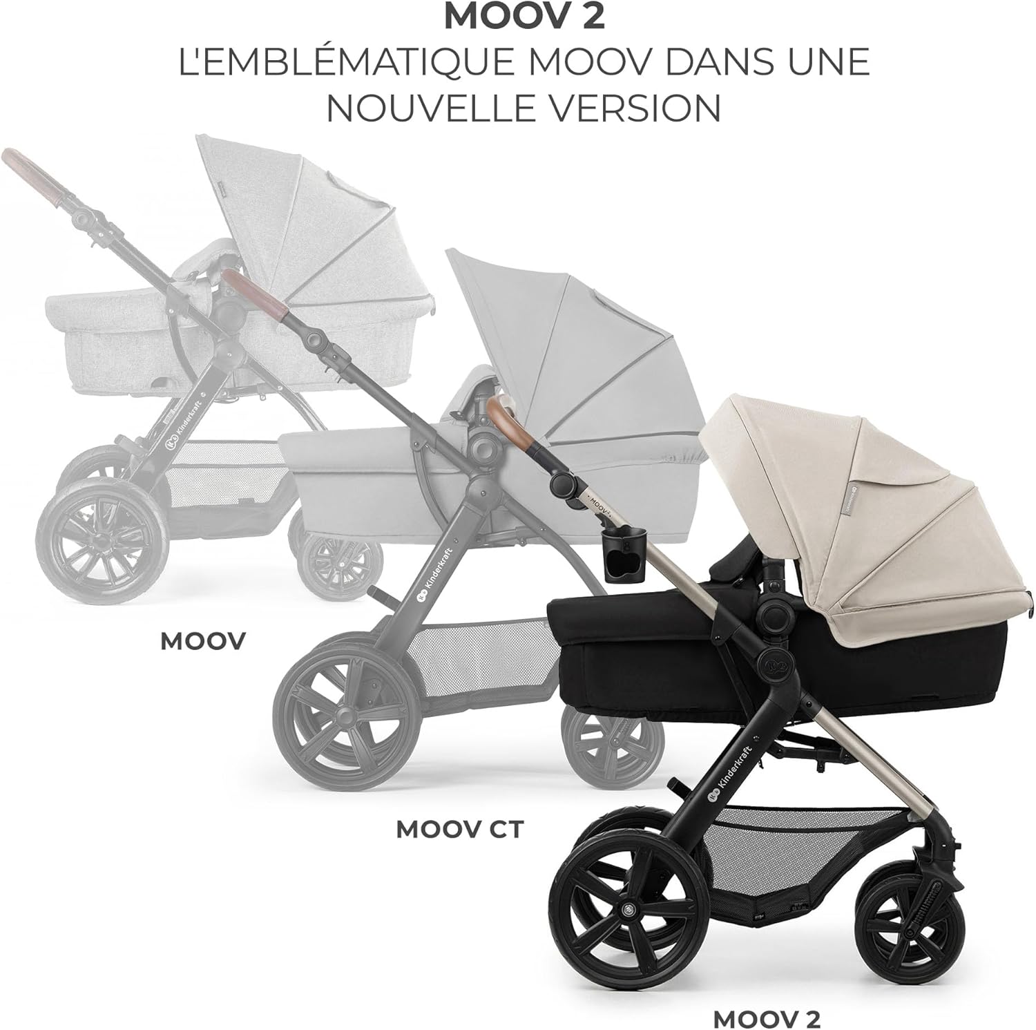Kinderkraft MOOV2 Poussette 3 en 1, Système de voyage de la naissance à 27 kg, Siège auto Mink PRO I-Size inclus, Capote extensible avec filtre UPF50+, Accessoires pratiques, Gris