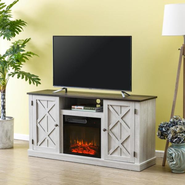 54 in. Saw Cut-Off White TV Stand for TVs up to 60 in. with Electric Fireplace
