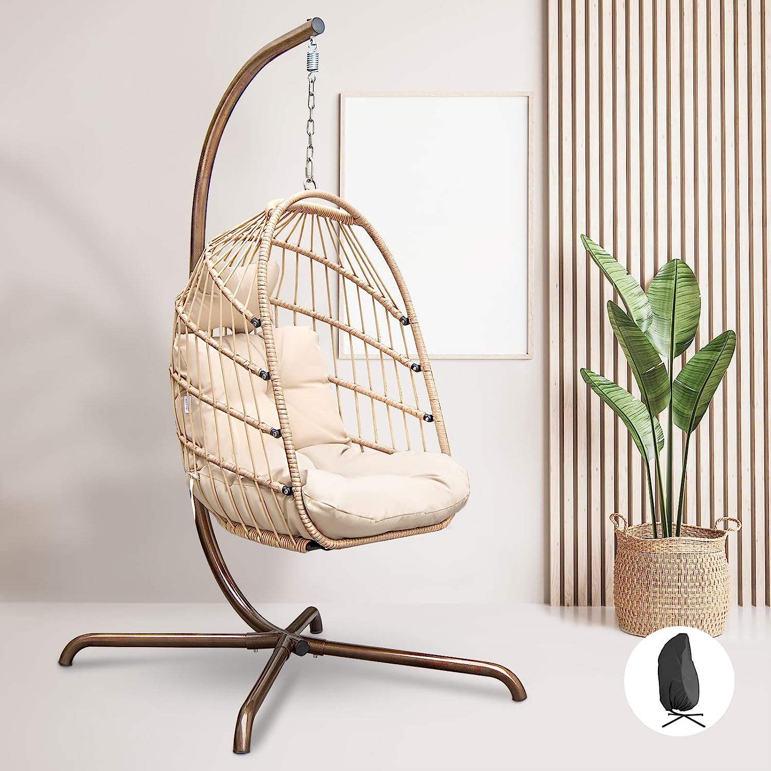 RADIATA Foldable Wicker Rattan Hanging Egg Chair with Stand, Swing Chair with Cushion and Pillow, Lounging Chair for Indoor Outdoor Bedroom Patio Garden (Beige with Stand)