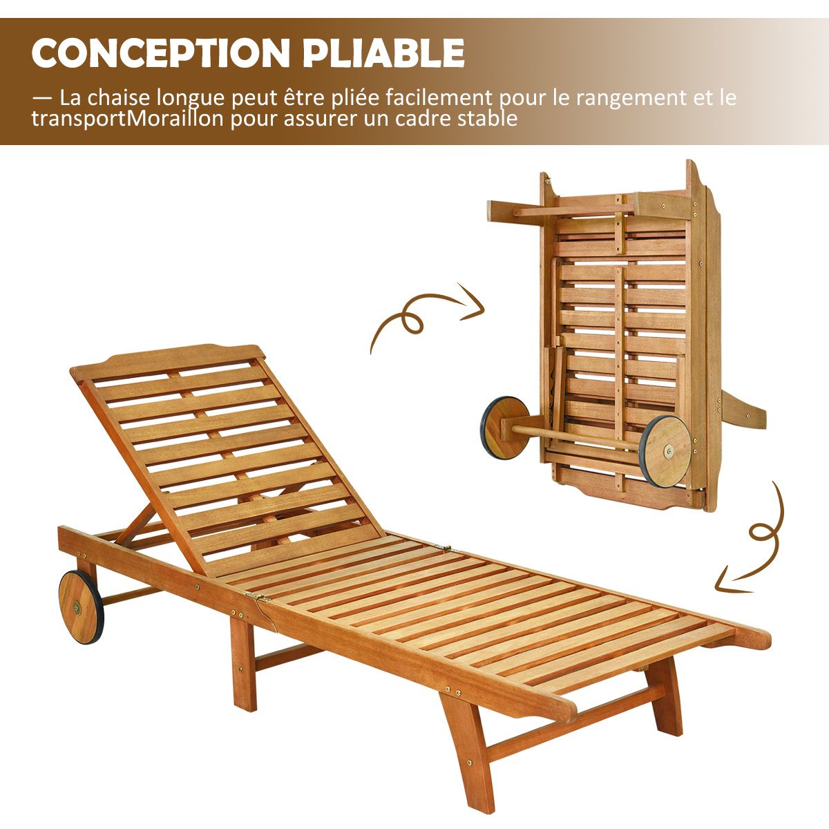 Chaise Longue Pliable en Bois avec 2 Roues et un Coussin Amovible Dossier Réglable Capacité Portante 160KG Idéal pour L’extérieur
