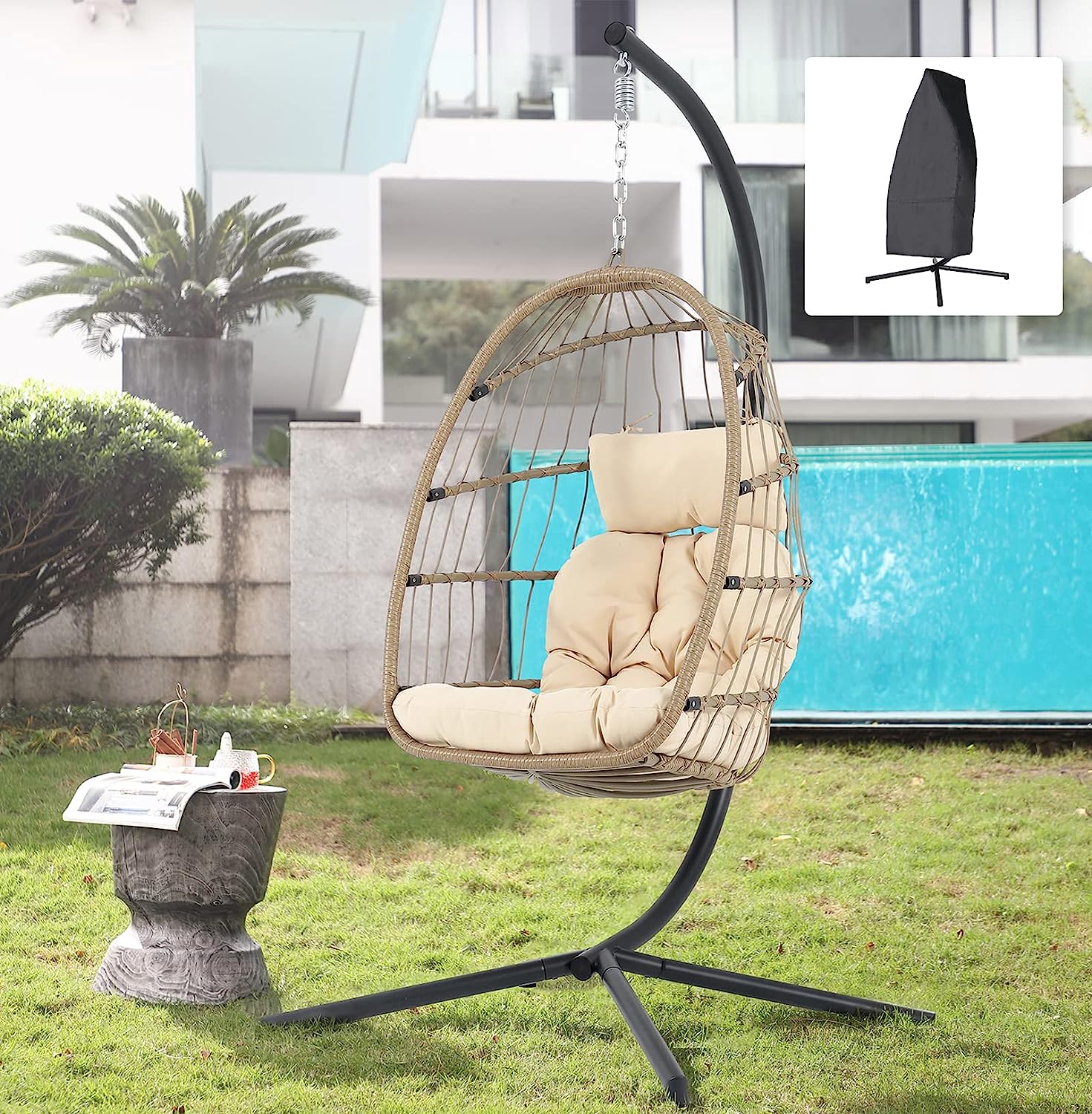 Patiorama Indoor Outdoor Egg Swing Chair with Stand, Patio Grey Wicker Rattan Hanging Chair with Rope Back, Cushion,Cover,All Weather Foldable Hammock Chair for Bedroom, Garden (Light Grey)