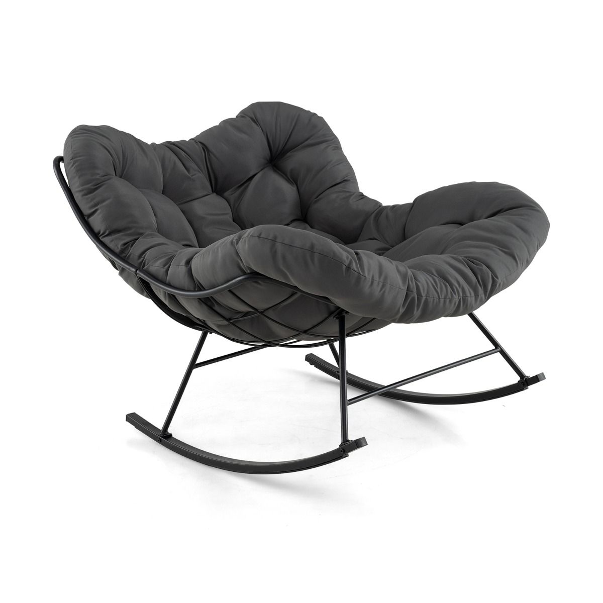 Chaise à Bascule d'Intérieur et d'Extérieur Chaise Papasan Surdimensionnée avec Coussin Rembourré & Cadre en Métal Capacité 205 Kg Gris