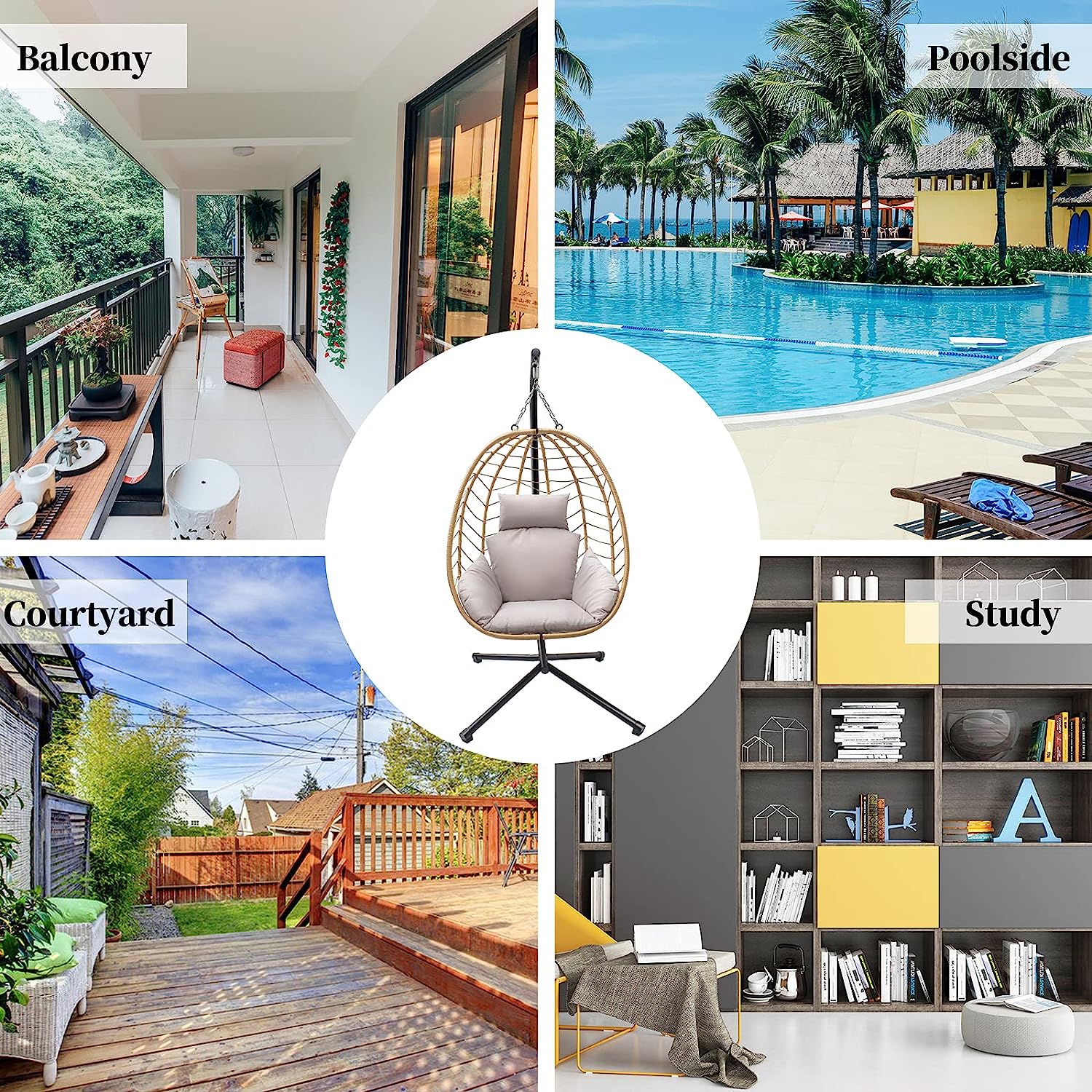 VARVIND Hammock Chair,Swing Egg Chiar with Stand and Cushions, Pillow, Foldable Wicker Rattan Hanging Egg Chair,Adjustable Height,Anti-UV&Waterproof, Indoor and Outdoor Use,286Lbs(Brown)