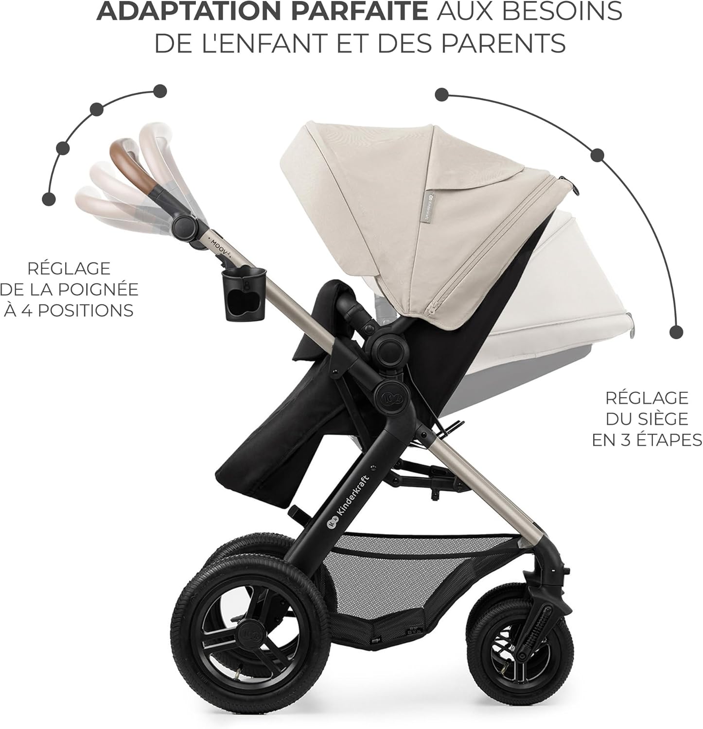 Kinderkraft MOOV2 Poussette 3 en 1, Système de voyage de la naissance à 27 kg, Siège auto Mink PRO I-Size inclus, Capote extensible avec filtre UPF50+, Accessoires pratiques, Gris