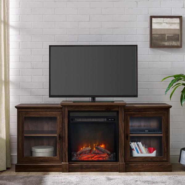 60 in. Dark Walnut Composite TV Stand Fits TVs Up to 66 in. with Electric Fireplace