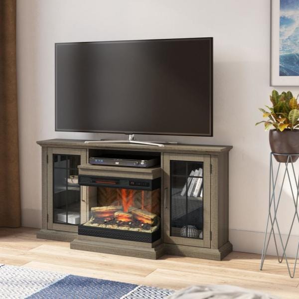 60 in. Media Mantel Fireplace in Omni-Sawblade Marks Brown with Panorama Fireplace