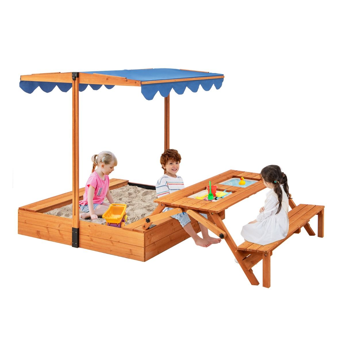 Bac à Sable en Bois pour Enfants avec Couvercle Aire de Jeux avec Table Sensorielle Pliable & Banc Parasol Ajustable pour 3+ Ans Naturel