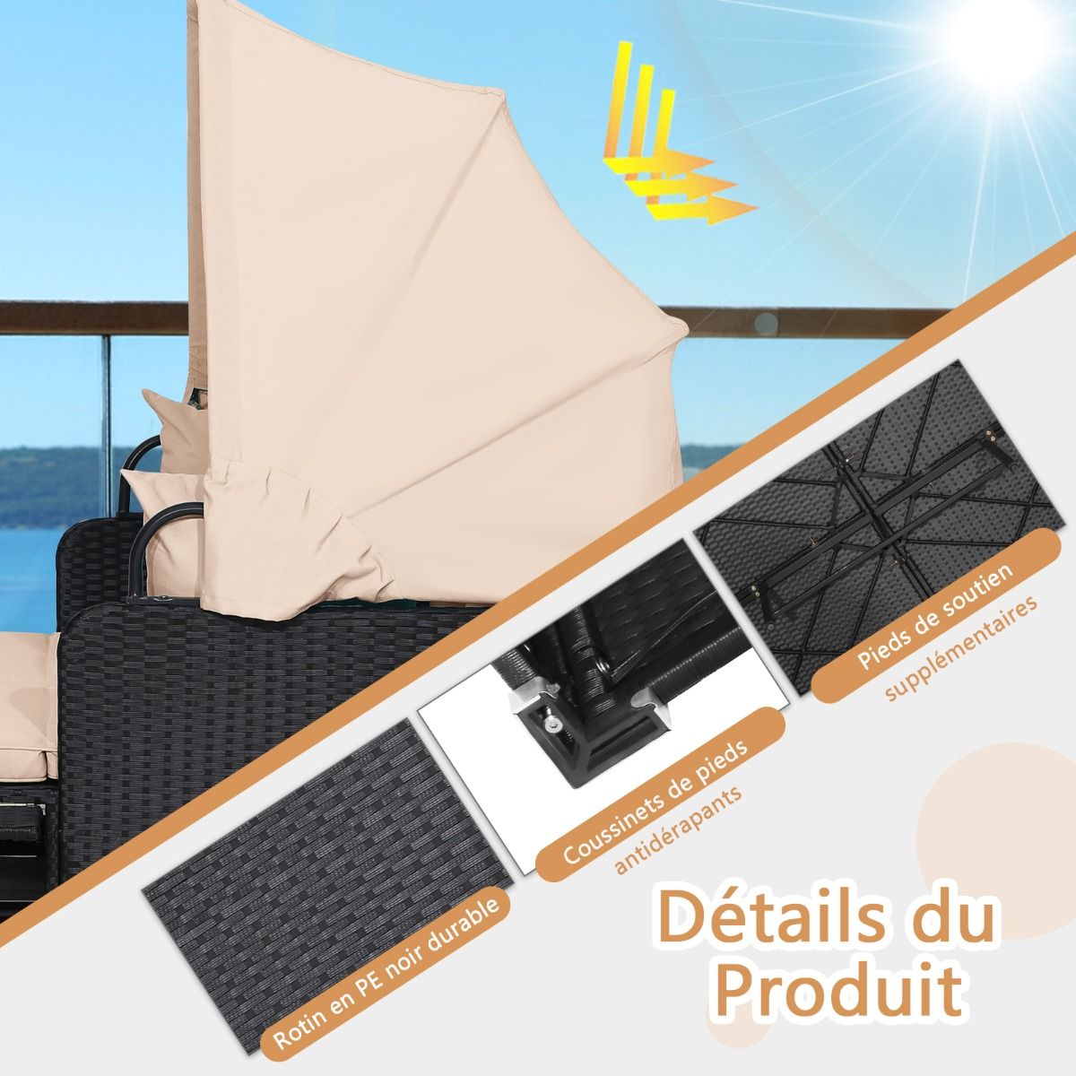 Chaise Longue à 2 Places en Rotin avec Auvent Rétractable Bain de Soleil avec Panneaux Latéraux Pliables Charge 360KG Beige/Gris