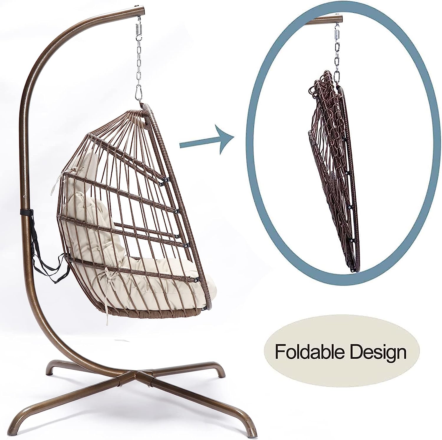 Swing Egg Chair Without Stand Indoor Outdoor Wicker Rattan Patio Basket Hanging Chair with UV Resistant Cushions 265lbs Capaticy for Bedroom Balcony Patio (Without Stand)