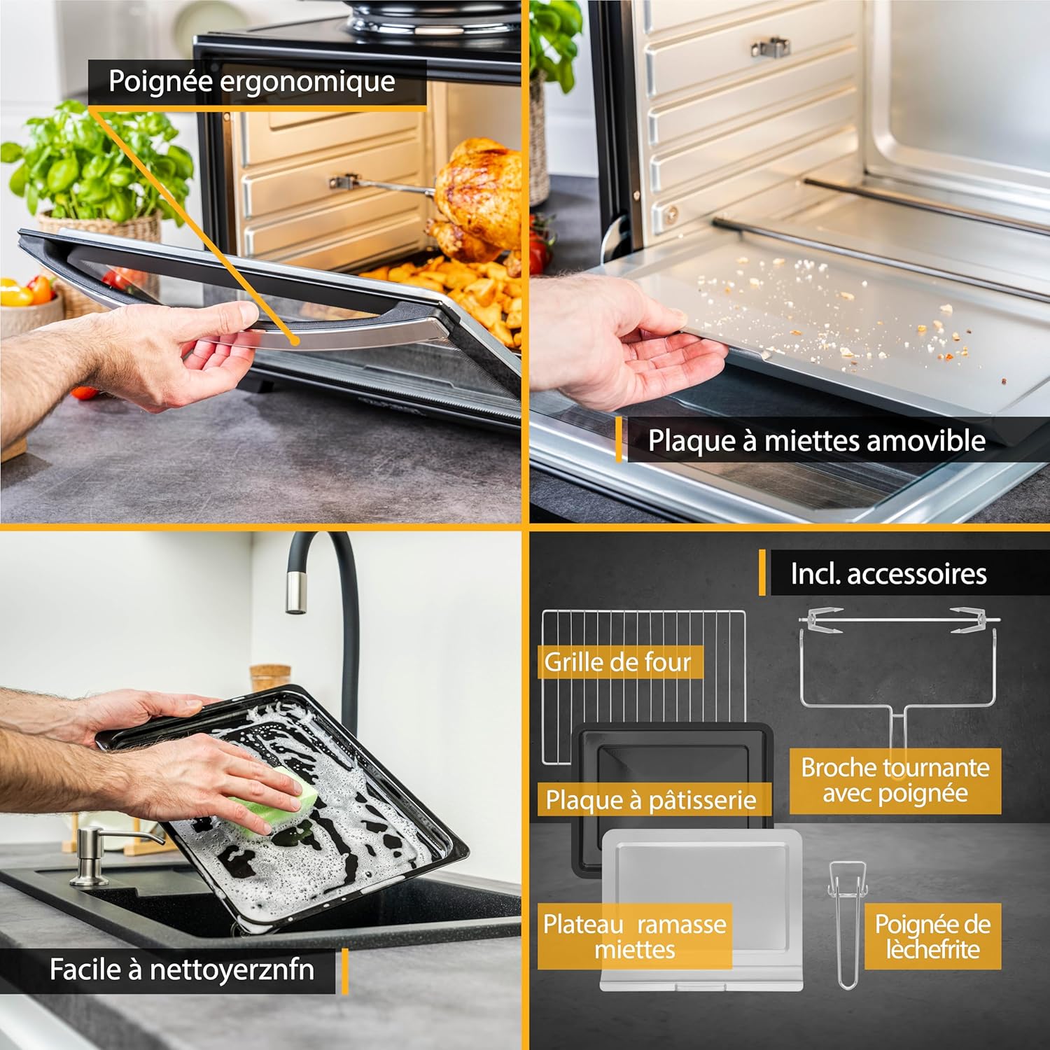 TZS First Austria Mini-four 60 l I 2000 W I Convection + Rôtisserie I 4 éléments chauffants I Plage de température jusqu'à 230 °C I Minuterie 60 min I Inox I Noir