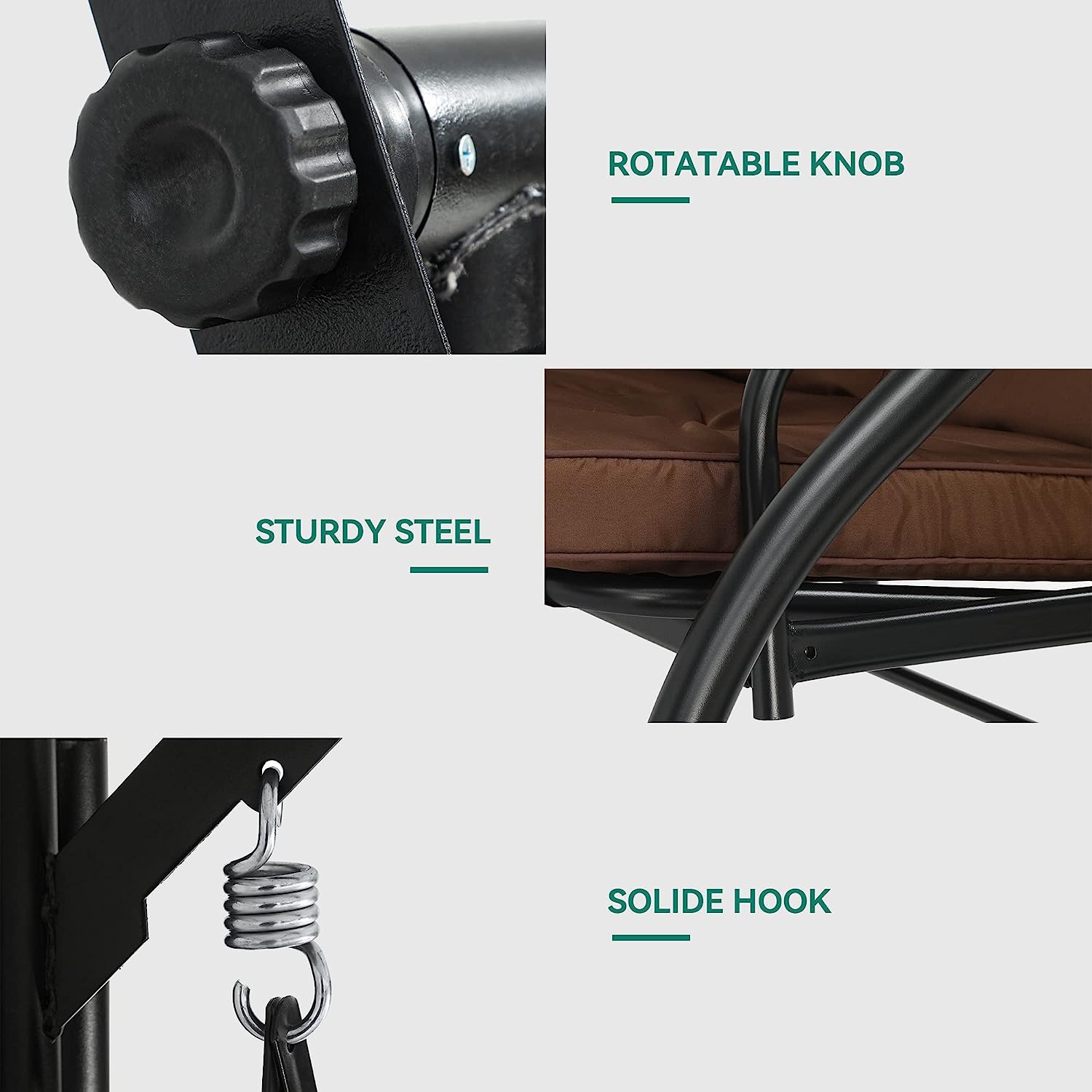 YITAHOME Porch Swing Bed 3-Seats Outdoor Patio Swing Heavy Duty Swing Chair with Adjustable Canopy Removable Cushion, Suitable for Adult in Garden, Poolside, Balcony, Brown