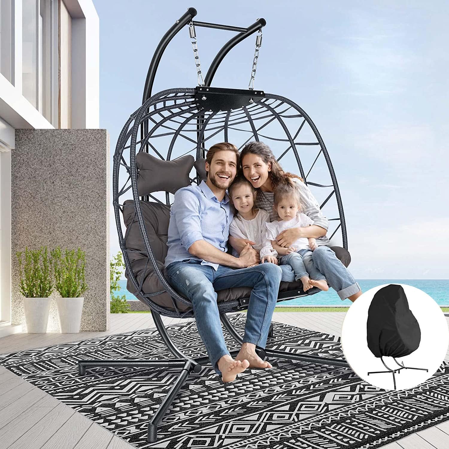 Swing Egg Chair Without Stand Indoor Outdoor Wicker Rattan Patio Basket Hanging Chair with UV Resistant Cushions 265lbs Capaticy for Bedroom Balcony Patio (Without Stand)