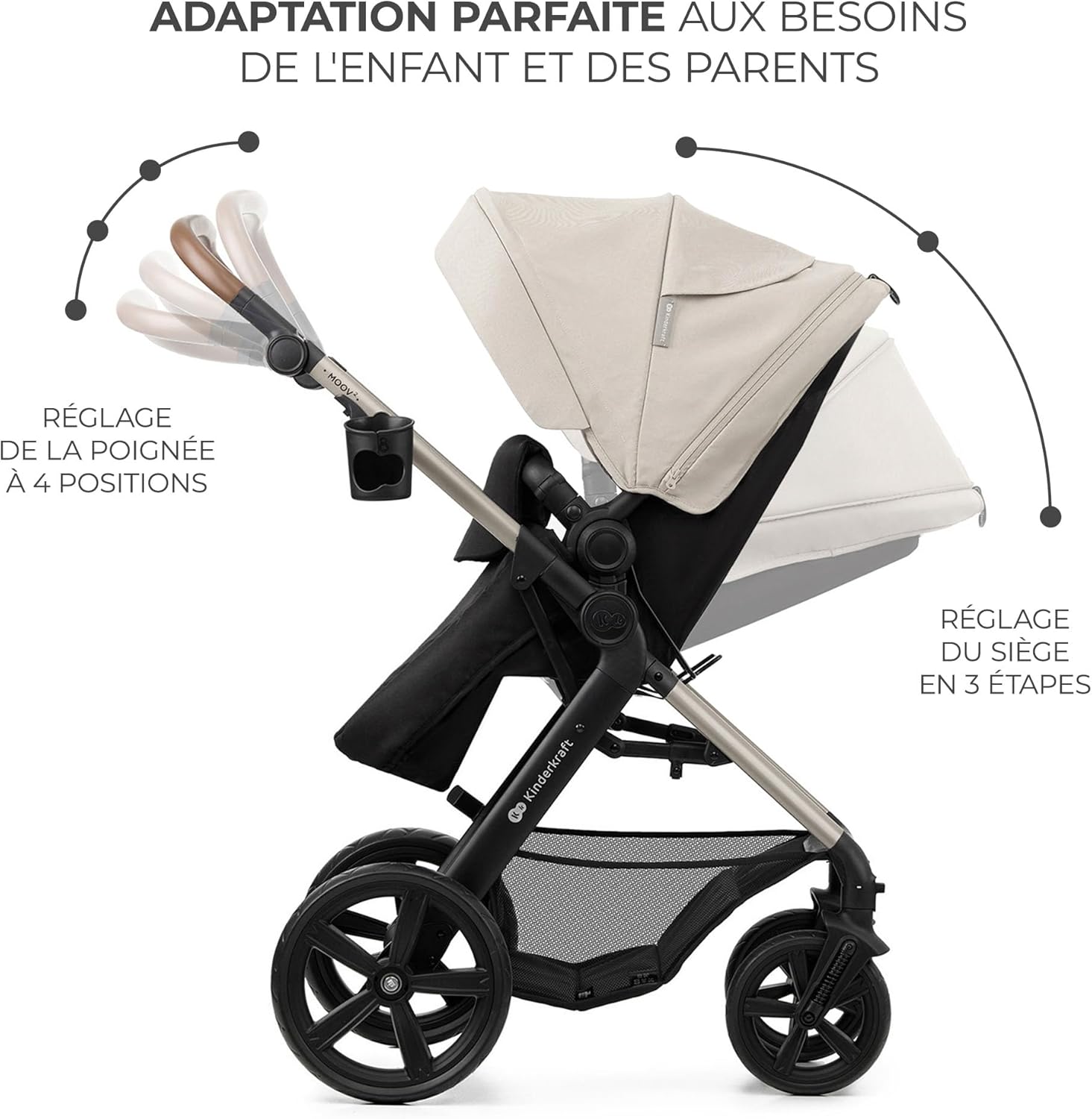 Kinderkraft MOOV2 Poussette 3 en 1, Système de voyage de la naissance à 27 kg, Siège auto Mink PRO I-Size inclus, Capote extensible avec filtre UPF50+, Accessoires pratiques, Gris