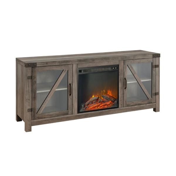 58 in. Grey Wash Glass Barn Door Fireplace Console