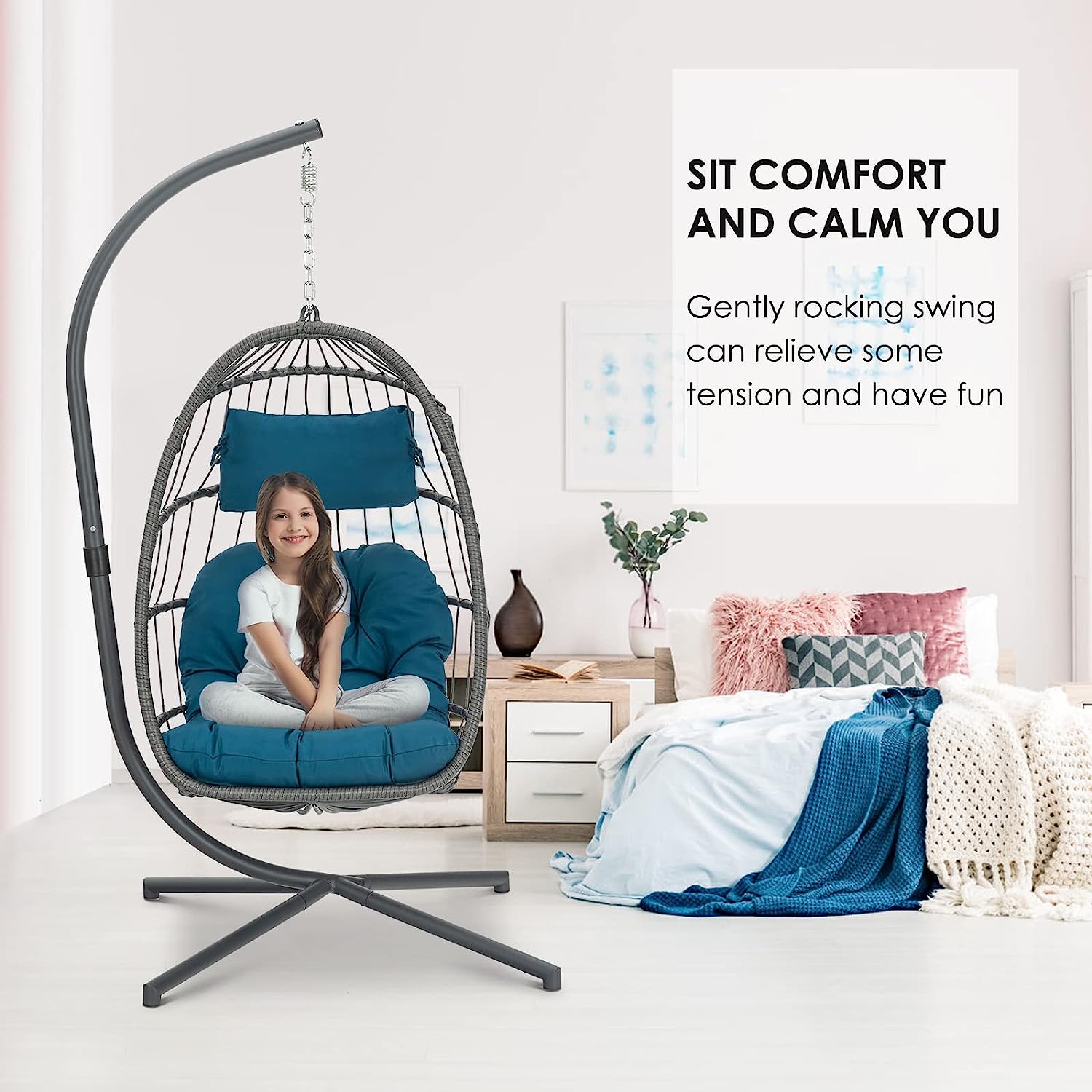 Brafab Swing Egg Chair, Hammock Chair, Hanging Chair, Aluminum Frame and UV Resistant Cushion with Steel Stand, Indoor Outdoor Patio Porch Lounge Bedroom Hand Made Wicker Rattan Chair, 350LBS Capacity