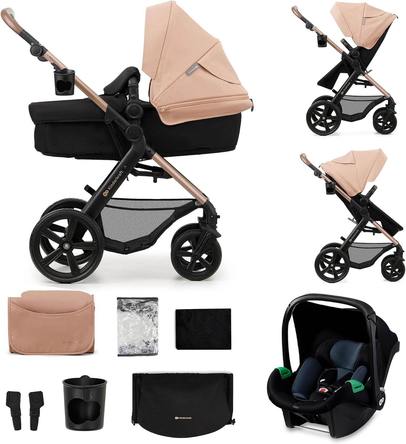 Kinderkraft MOOV2 Poussette 3 en 1, Système de voyage de la naissance à 27 kg, Siège auto Mink PRO I-Size inclus, Capote extensible avec filtre UPF50+, Accessoires pratiques, Gris