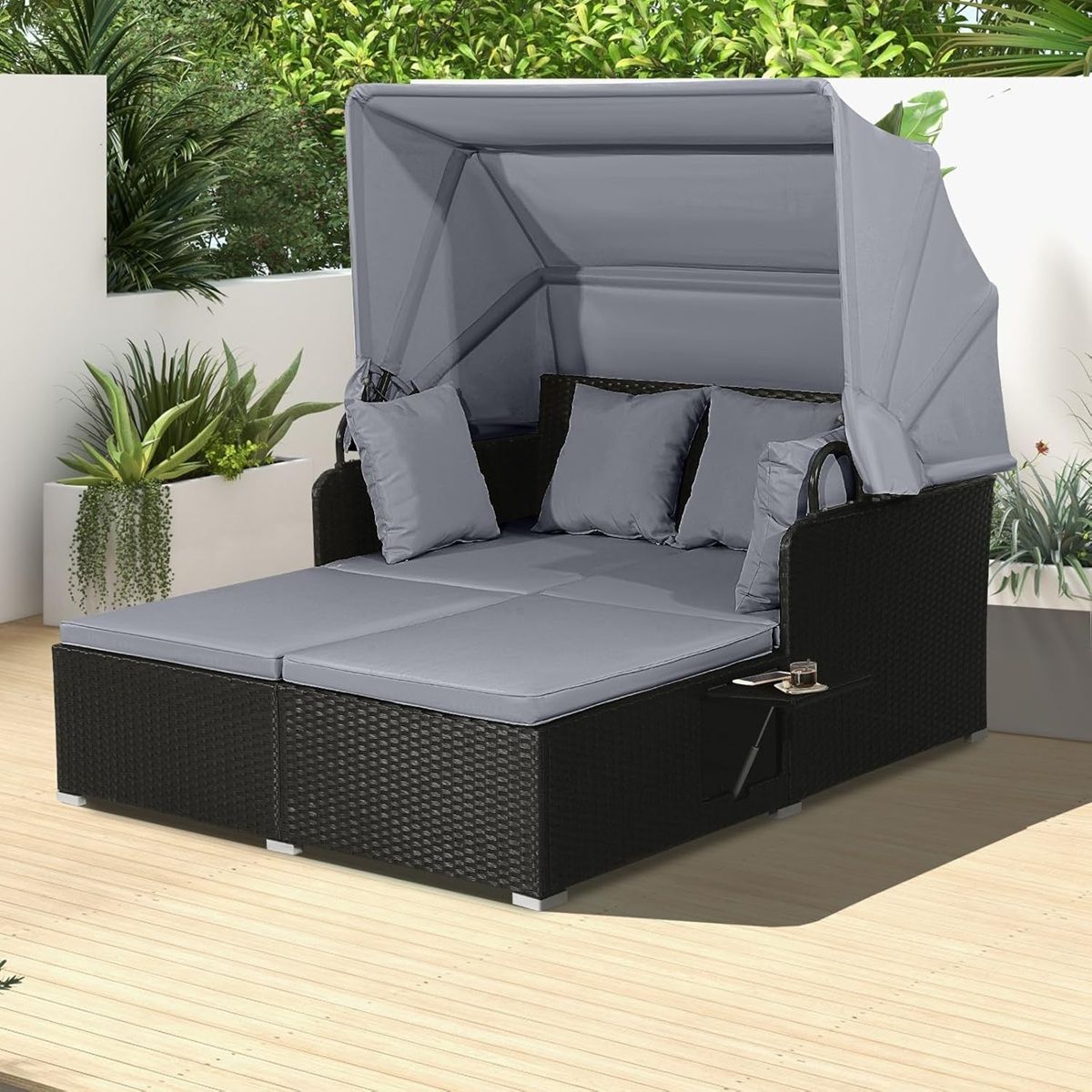 Chaise Longue à 2 Places en Rotin avec Auvent Rétractable Bain de Soleil avec Panneaux Latéraux Pliables Charge 360KG Beige/Gris