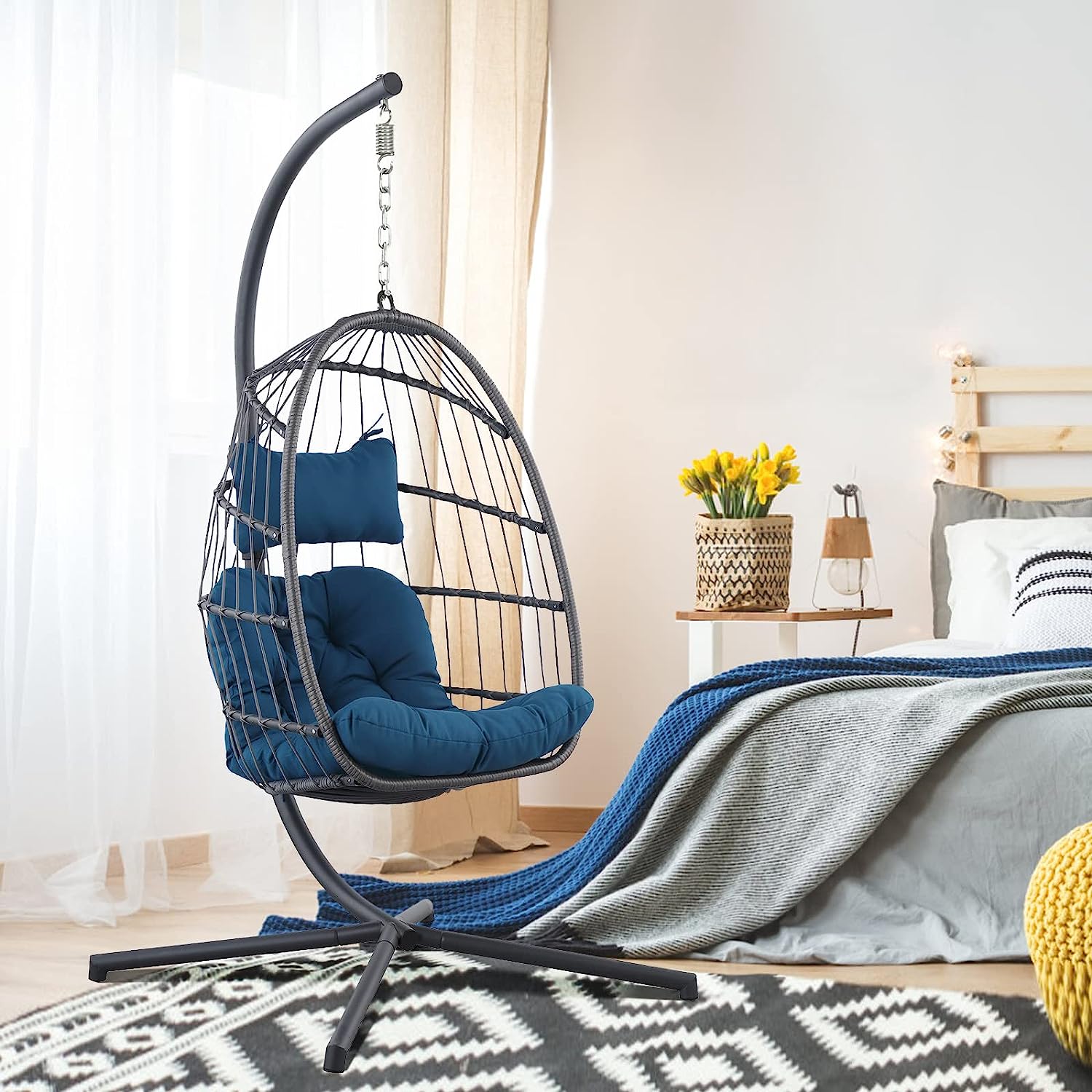 Egg Chair with Stand - Patio Rattan Wicker Hanging Swing Egg Chair Hammock Chair for Indoor Outdoor Bedroom Garden - Aluminum Steel Frame and UV Resistant Cushion 350LBS Capacity (Dark Grey)