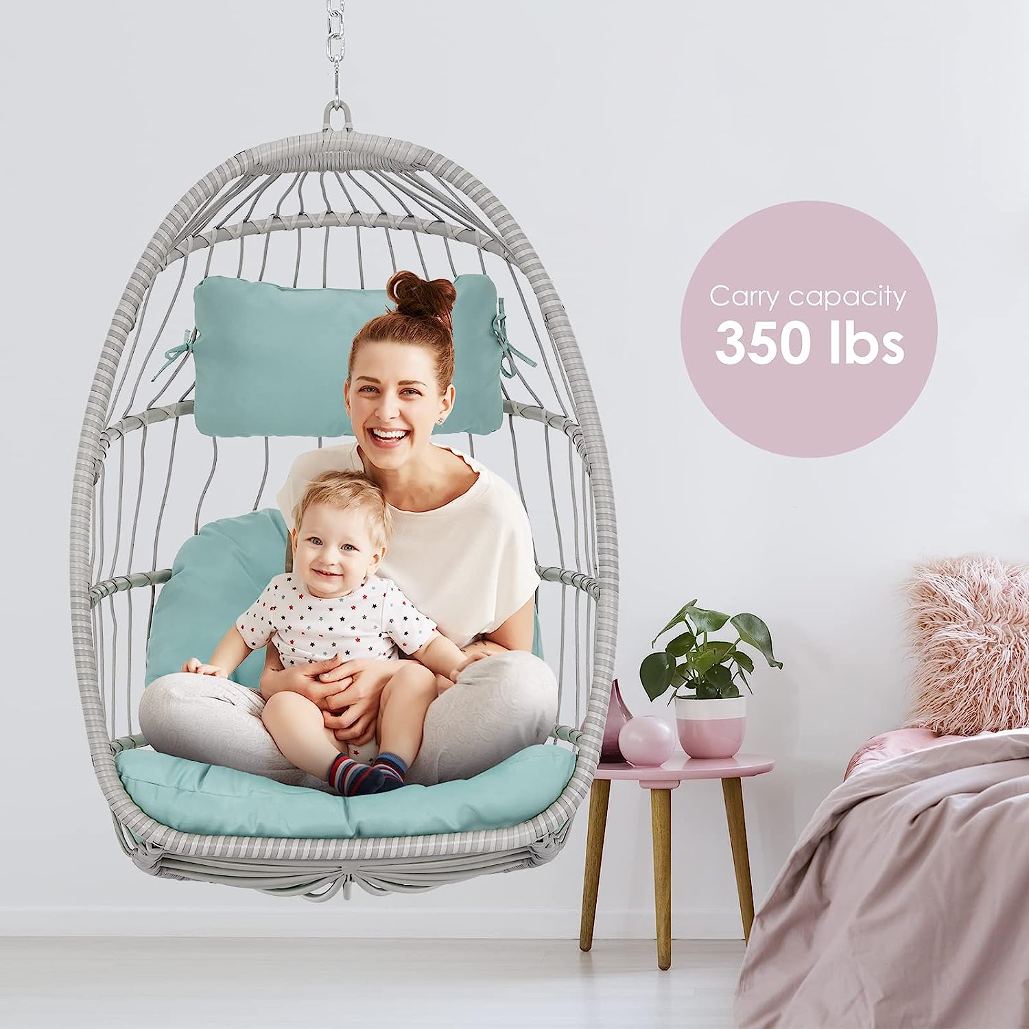 Hanging Egg Chair Without Stand - Foldable Indoor Outdoor Wicker Rattan Swing Egg Chair with Hanging Chain Hammock Chair - UV Resistant Cushions & Aluminum Frame for Bedroom Patio Camping (Grey)
